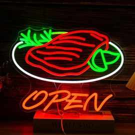 BNEMCEZH Beef Open Neon Sign LED Light Up Steak Signs Dimmable Cool Steak Open Decor Neon Business Light for Steakhouse Restaurant Fast Food Restaurant BBQ Neon Signs （16.5 * 12.6 In）