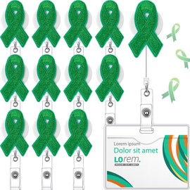 Skyygemm 12 Pcs Mental Health Awareness Badge Reels Green Ribbon Felt Nurse Retractable Badge Holder with Alligator Clip for Nursing ID Name Tag, Office, Mental Health Medical Assistant Student Doctor