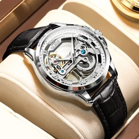 OLEVS Mens Watches Skeleton Automatic Black Leather Dress Watches for Men Luxury Large Face Two Tone Mens Mechanical Watch Casual Business Waterproof Self Winding Men's Wrist Watches