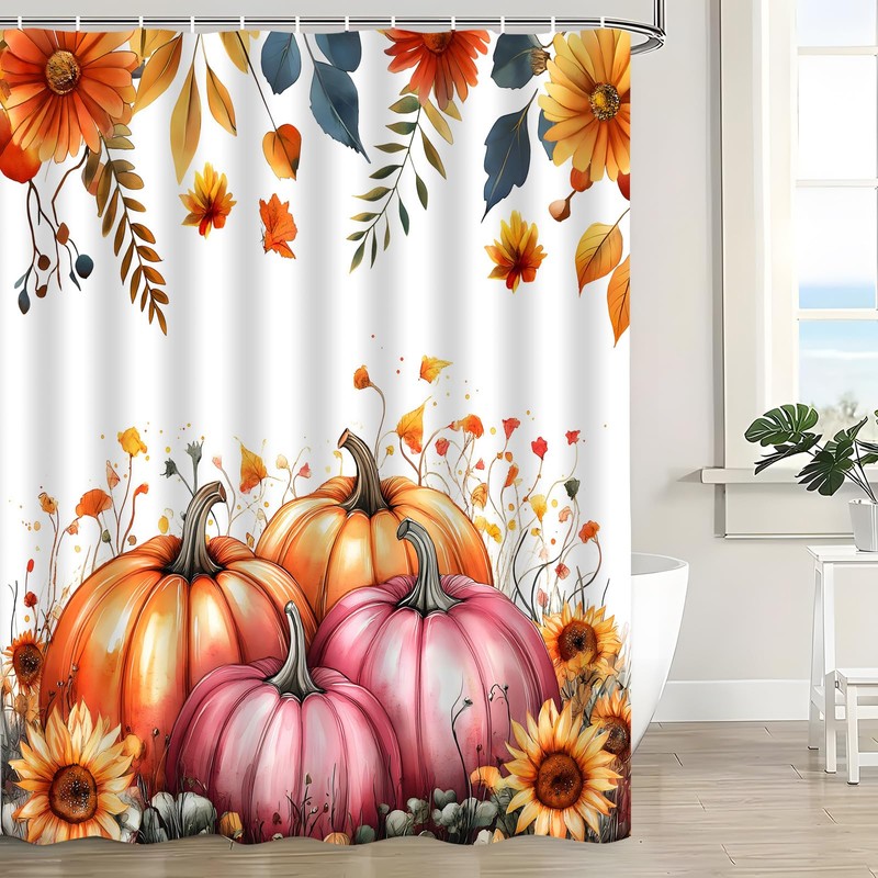 CWHCWA Fall Shower Curtain Watercolor Pumpkin, Pink Orange, 70" W