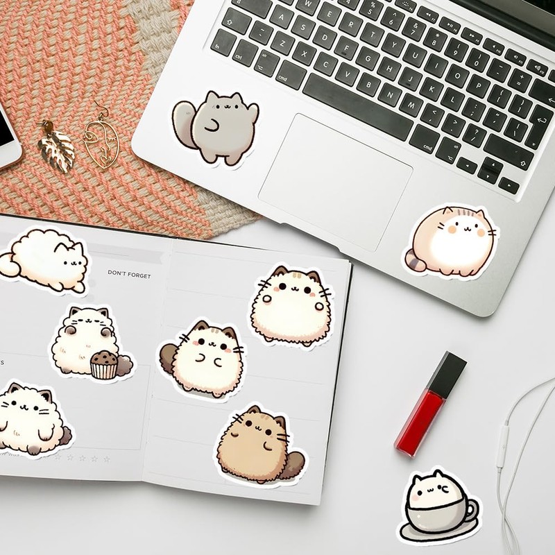 50pcs Cute Fat Cat Stickers, Kawaii Pusheen Decals for Water