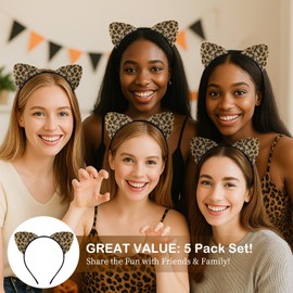 BAOPLAYKIDS 5 Pack Cheetah Cat Ears Headband, Soft Furry Leopard Print Cat Ear for Women, Cosplay Party Role Play Cats Costume Accessories