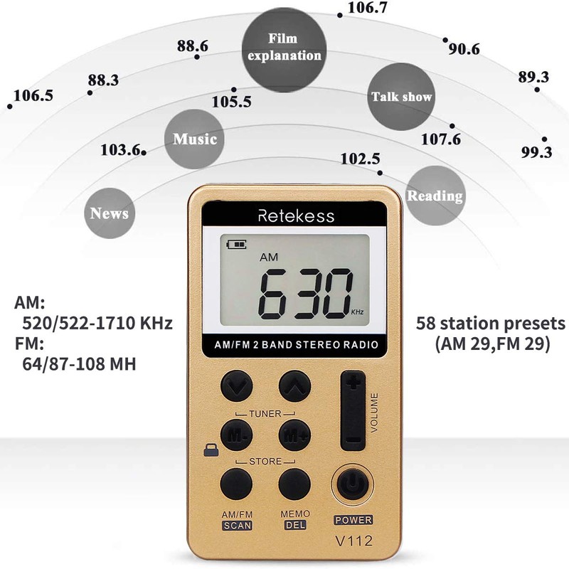 Retekess V112 AM FM Radio Portable, Mini Radio,Digital Tuning Rechargeable