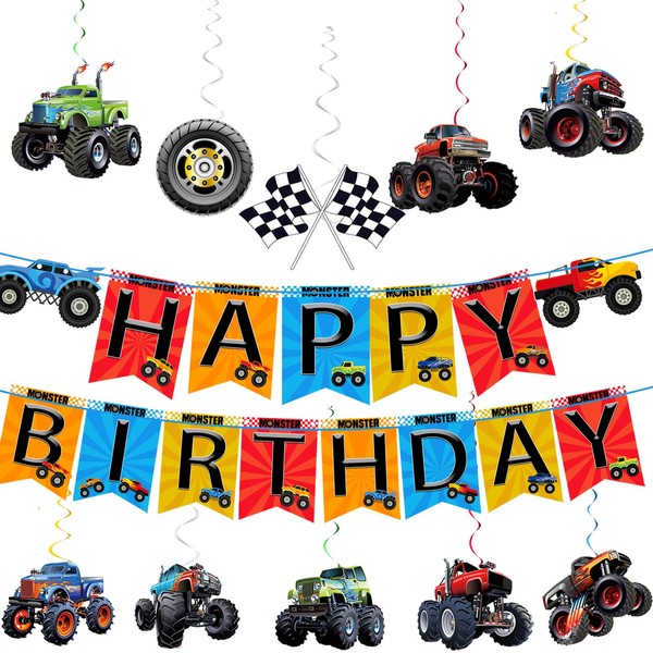 Monster Truck Birthday Decorations Including Happy Birthday Banner and 11pcs