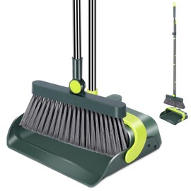 Masthome Broom and Dustpan Set, 180°Rotating Broom with Dustpan Combo Set,Stand Up Broom and Dustpan with Comb Teeth,Sweep Set for Room Kitchen Office Lobby-Green