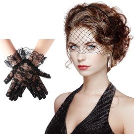 Geyoga Black Veil Headband Mesh Fascinator Hat with Lace Gloves 1920s Headpiece Tea Party Fascinator Veil for Women Wedding Bridal Tea Party