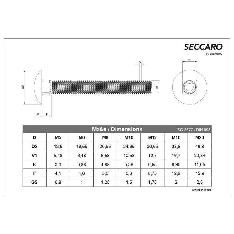 SECCARO 20 x M8 x 100mm Stainless Steel V2A VA