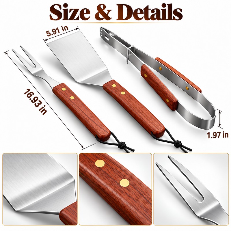 3-Piece Stainless Steel BBQ Tool Set with Rosewood Handles –