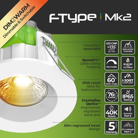 Luceco FType Flat Mk2 Power Change and Colour Change Temperature Downlight, 4W/6W, 3000K Dim2Warm, IP65 Rated, White