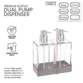 Modern Innovations Acrylic Twin Liquid Soap and Lotion Dispenser Set with Caddy - Double Soap Dispenser for Kitchen - Clear Soap Dispenser for Bathroom, Shampoo, Conditioner, Body Wash