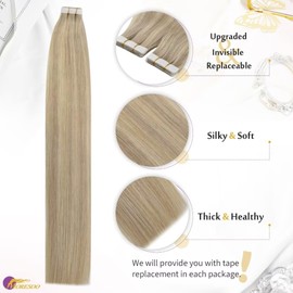 Moresoo Tape-In Extensions Real Hair Blonde Hair Extensions Real Hair Tapes in Ash Blonde with Bleach Blonde Tape in Extensions Blonde Remy Hair Extensions #18/613 10 Pieces / 25 g 50 cm