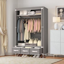 xixi-home Portable Wardrobe Closet,Foldable Clothes Organizer with 3 Drawers 35in Simple Non-Woven Fabric Wardrobe Multi-Functional Household Clothes Storage Cabinet with Cover and Hanging Rod-Khaki