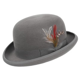 GLAKJGIY Men's Wool Bowler Hats - Felt Derby Dress Hat - Rolled Brim Fedora with Feather(Grey,L)