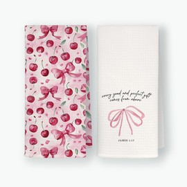JKMBN Coquette Pink Bow Cherry Christian Kitchen Towels Set of 2, Christian Religious Gifts for Women, Bible Verse Hand Towels Tea Towels, Pink Dish Towels for Cooking Baking Wiping, 16x24 Inch