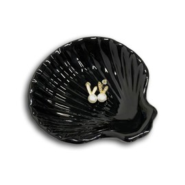 GO2HEJING Shell Shape Ring Holder Dish, Seashell Jewelry Dish Tray, Ceramic Trinket Tray for Rings Earrings Necklaces Bracelet, Birthday Christmas Gift for Mom Friend Sister, 3.9", Black