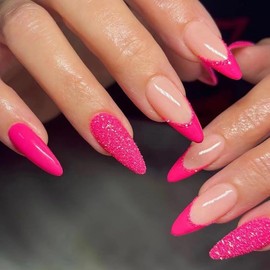 24pcs Full Cover False Nails Hot Pink Medium Almond Press-On Nails Bold Hot Pink Almond Nails With Glossy Finish Perfect For Parties Dates Or Daily Glam Easy Application No Damage