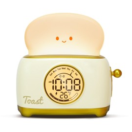 WANIDEA Toast Night Lamp Lights, Cute Toaster Digital Alarm Clock, Dimming LED Breader Lamp 1200mAh Rechargeable Night Light for Bedroom, Bedside, Desktop