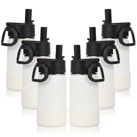Volhoply 14oz Water Bottle with Straw Lid and Silicone Boot Bulk 6 Pack,Stainless Steel Insulated Cups for Boys & Girls Multipack,Double Wall Vacuum Leakproof Kids bottles(White,6)