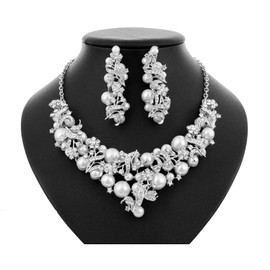 Bouquet Faux Pearl White Austrian Rhinestone Bib Necklace Earrings Set Prom N921 (Silver)