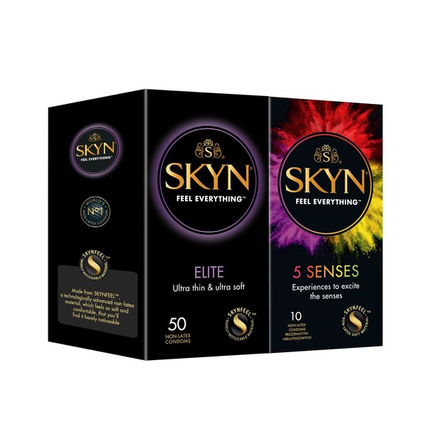 SKYN Elite Condoms (Pack of 50) & 5 Senses Condoms (10 Pieces) Latex Free, Can Be Used With Our Lube