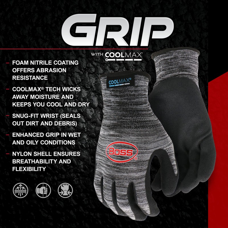 Boss Men's COOLMAX Technology with Sandy Nitrile Coated Palm, Enhanced