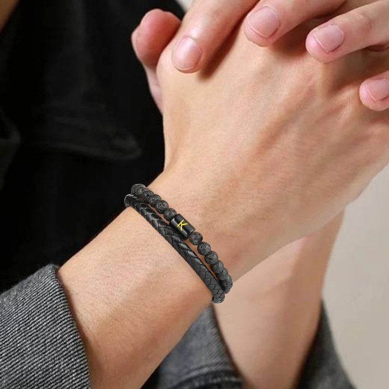 Initial Beaded Bracelets for Men, Mens Beaded Bracelets Lava Rock