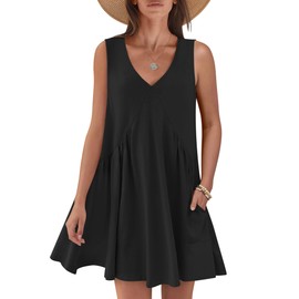 Caracilia Womens Summer Beach Cover Up Mini Dresses Casual Sleeveless Loose V Neck Swing Flowy Sundress Cruise Resort Wear Black XX-Large