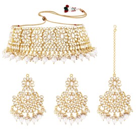 Aheli Faux Pearl Choker Necklace with Earrings Indian Traditional Bollywood Jewelry Set for Women Girls (White)