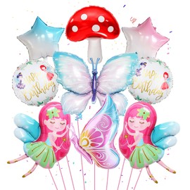 Fairy Birthday Decorations Party Balloons - 9pieces Butterfly Star Mushroom Round Foil Balloons for Kids Girls and Women Birthday Baby Shower Decoration