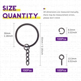 Swpeet 300Pcs 6/5 Inch 30mm Black Flat Key Chain Rings Kit, Including 100Pcs Split Keychain Rings with Chain and 100Pcs Jump Ring with 100Pcs Screw Eye Pins Bulk for Jewelry Findings Making