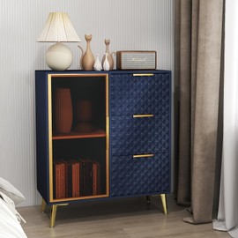 Rovibek Modern Sideboard Cabinet with Storage, Small Kitchen Buffet Cabinet with Glass Door & 3 Drawers, 31" Accent Sideboard Buffet for Kitchen, Living Room, Blue