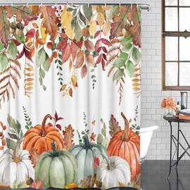 Fall Shower Curtain Waterproof Grey White Pumpkin Shower Curtain for Bathtub,Shower, Sage Green Orange White Pumpkins Shower Curtain Set with Hooks Maple Leaves Bathroom Fall Decoration 72x72 Inch