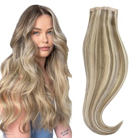 HOTBANANA Tape in Hair Extensions, 20 Inch 20pcs 50g Ash Brown Highlighted Golden Blonde Straight Remy Human Tape Hair Extensions