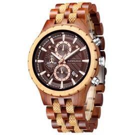 XIRUVE Wooden Quartz Watch for Men Wooden Watch Date Chronograph with Gift Box, red, Bracelet