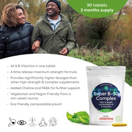 Super Vitamin B-50 Complex | x90 High Strength Tablets Containing All 8 B Vitamins - VIT B1 Thiamine, B2, B3 Niacin, B5, B6, B7 Biotin, Inositol, B9 Folic Acid & B12. UK Made from Non Yeast Source