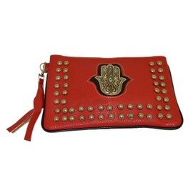 Moroccan Cosmetic Makeup Hand Of Fatima Faux Leather Clutch Pouch Purse Handmade Wrist-let Red