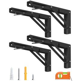 LuckIn Folding Shelf Brackets 8 Inch, Heavy Duty Stainless Steel Collapsible Brackets for Workbench Table, Max Load 300lbs, Black, 4 PCS