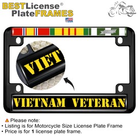 Motorcycle Metal License Plate Frame with Vietnam Veteran 3 Service Ribbons - National Defense Ribbon, Vietnam War Service Ribbon, Republic of Vietnam Service Ribbon Design - Black
