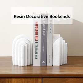 Heavy Duty Book Ends for Shelves, Decorative Bookends for Heavy Books, Set of 2 Modern Aesthetic Book Ends for Bookshelf, Shelves, Office Desk, Home Decor, Resin, Layered Arch Shape (White)