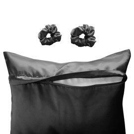 Alexandra's Secret Satin Bed Zippered Pillowcase with Scrunchies for Hair and Skin Pack of 2 Gift Set Luxury Soft and Cooling Sleep Silky Pillow Cases with Zipper (Standard, Black)