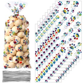 Blulu 100 Pieces Pet Paw Print Cone Cellophane Bags Heat Sealable Candy Bags Dog Paw Gift Bags Cat Treat Bags with 100 Pieces Silver Twist Ties for Pet Treat Party Favor (Rainbow Color)