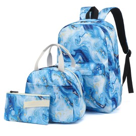 Marble School Backpack for Girls, 3Pcs Waterproof Lightweight Kids Student Backpacks with Lunch Bag and Pencil Case