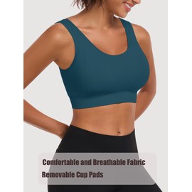 Vinfact 3 Pack Striped Sports Bras for Women Removable Padded Wireless Bras Yoga Bra Support Workout Fitness Pink,Blue,Purple L