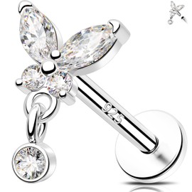 MeIighting 16G Sterling Silver 925 Butterfly Helix Earring Internally Threaded Dangle Cartilage Piercing Clear CZ Tragus Stud for Women 6 mm