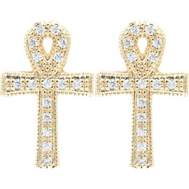 0.72 Inch Christian Cross Ankh Micro Pave Crystal CZ Stud Earrings for Women, 14k Yellow Gold Filled, Push Back Closures