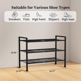 DongRong Simple 3 Tier Shoe Rack,Metal Stackable Shoe Storage Organizer for Closet,Entryway, Bedroom, Black (Black, 3-Tier)