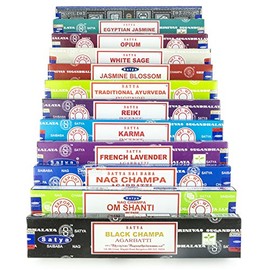 Satya Nag Champa Om Shanti incense set L 12x15gram includes: Nag Champa, Super Hit, Om Shanti, French Lavender, Black Champa, Opium, Reiki, Spiritual Healing, White Sage