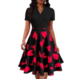 Mokayee Heart Dress for Women Summer Short Sleeve V Neck Fit and Flare High Waist Knee Length A Line Cocktail Wear to Work Business Casual Professional Office Brunch Church Dresses with Pockets S
