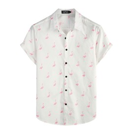 VATPAVE Mens 100% Cotton Hawaiian Shirts Floral Short Sleeve Button Down Shirts Summer Beach Shirts Small White Flamingo