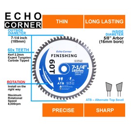 Echo Corner 7-1/4-Inch Fine Finish Wood Cutting Ciruclar Saw Blade, ATB 60T, 5/8" Arbor